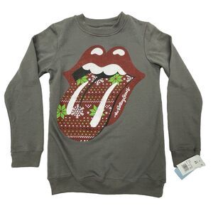Rolling Stones Christmas Sweatshirt Tongue Long Sleeve Top Gray Red Women's XS